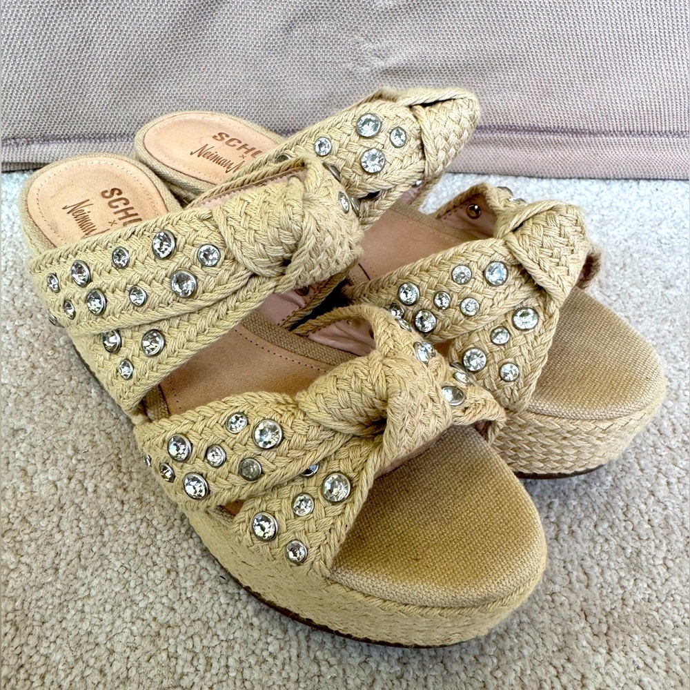 Schutz x Neiman Marcus Crystal Embellished Rope Wrap Knotted Wedge Sandal